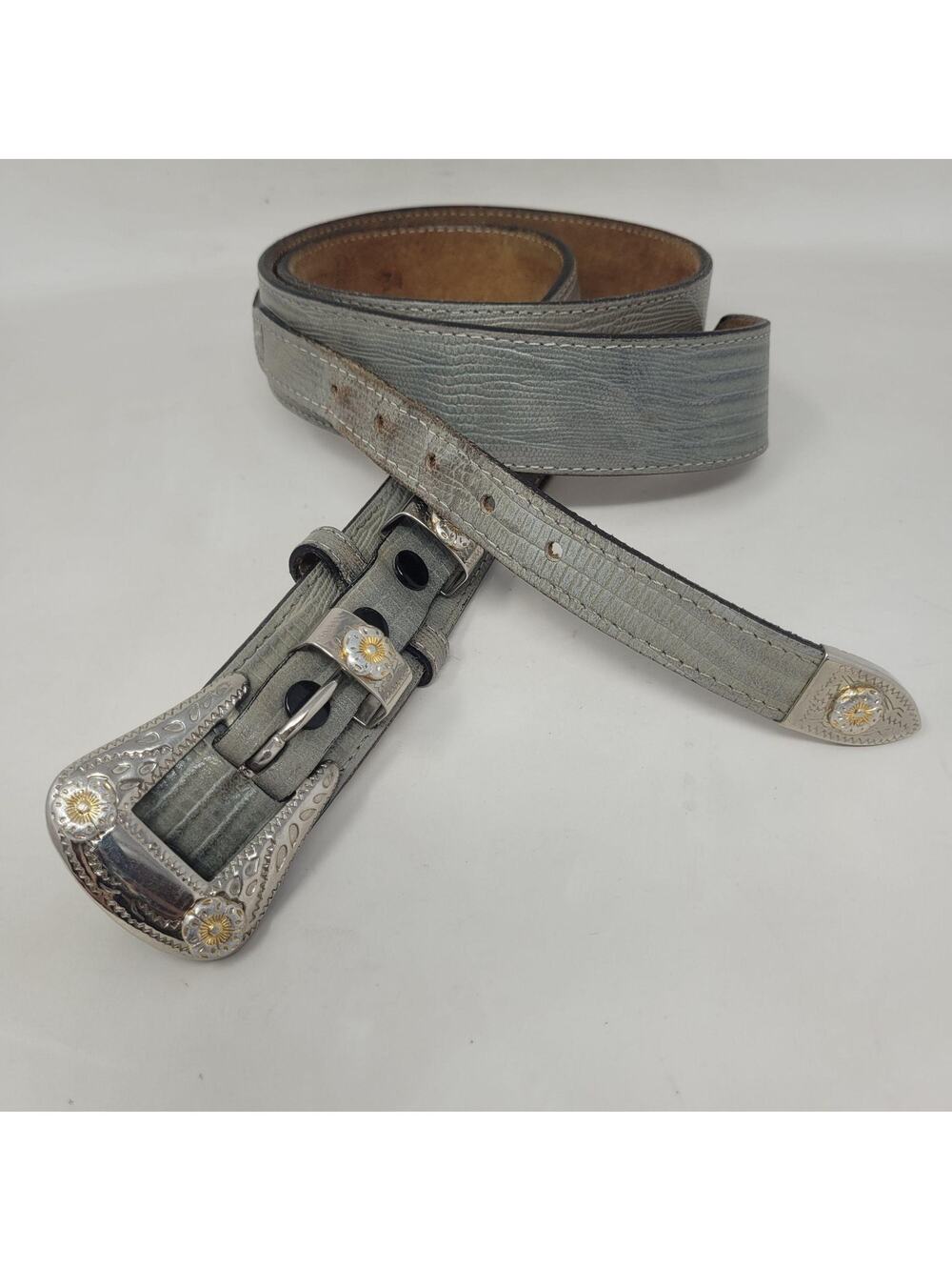 VTG Lyntone Ranger Belt 34 Lizard Print Gray Leather Western Concho Rodeo Cowboy
